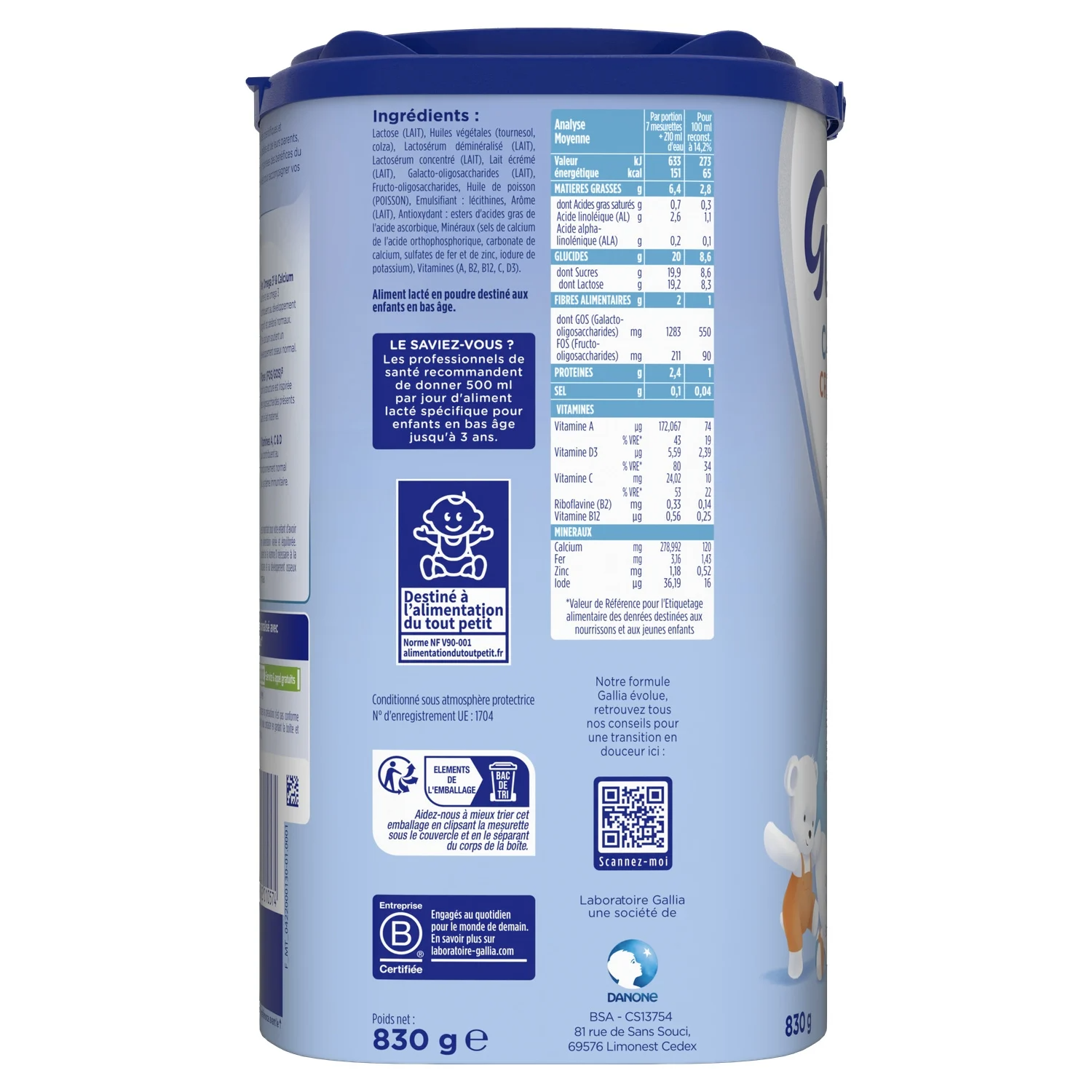 Laboratoire Gallia Calisma Croissance 3e Âge Lait en Poudre de Croissance Dès 12 Mois 830 g
