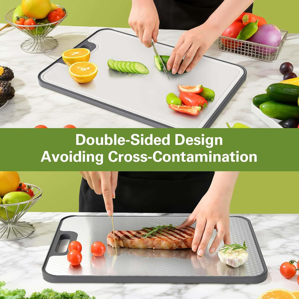 Planche à Découper Double Face pour la Cuisine en Acier Inoxydable et Paille de Blé PP, Idéale pour la Viande et les Légumes, Facile à Nettoyer, Compatible Lave-Vaisselle