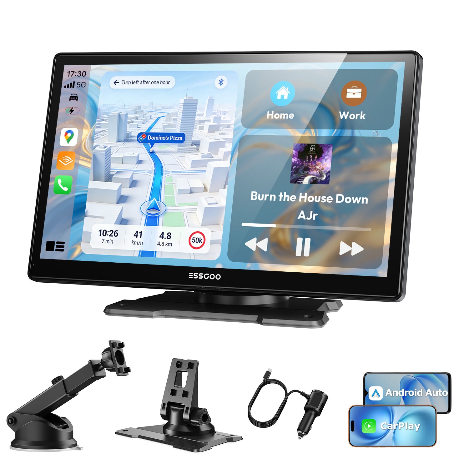 ESSGOO Écran intelligent automobile portable sans fil 9 pouces, CarPlay sans fil et Android Auto avec affichage fluide 60 i/s, Grand écran IPS HD 1024 x 600, Bluetooth, Wi-Fi