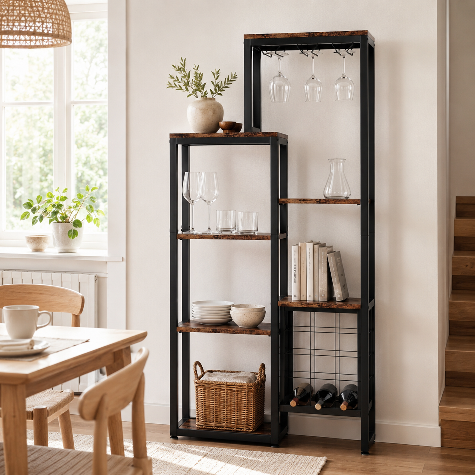 LANTINE Casier à vin, Base autoportante, Étagère à vin de cuisine 5 niveaux avec porte-verres et rangement à vin, Casier à vin industriel, Meuble bar à vin, Pour bar, cuisine