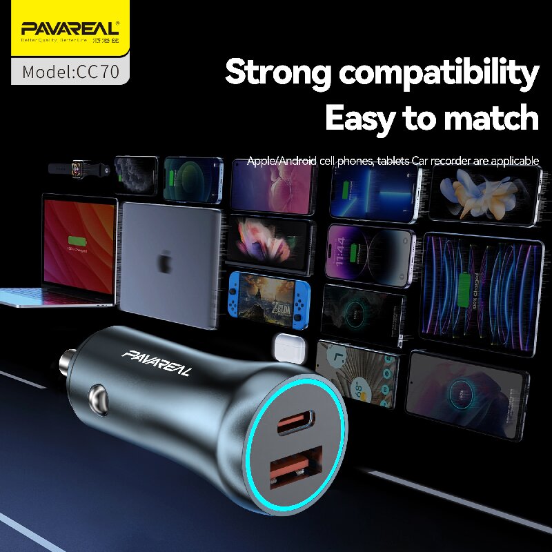 PAVAREAL Chargeur de voiture CC70 PD20W+100W compatible charge rapide pour séries iPhone, iPad