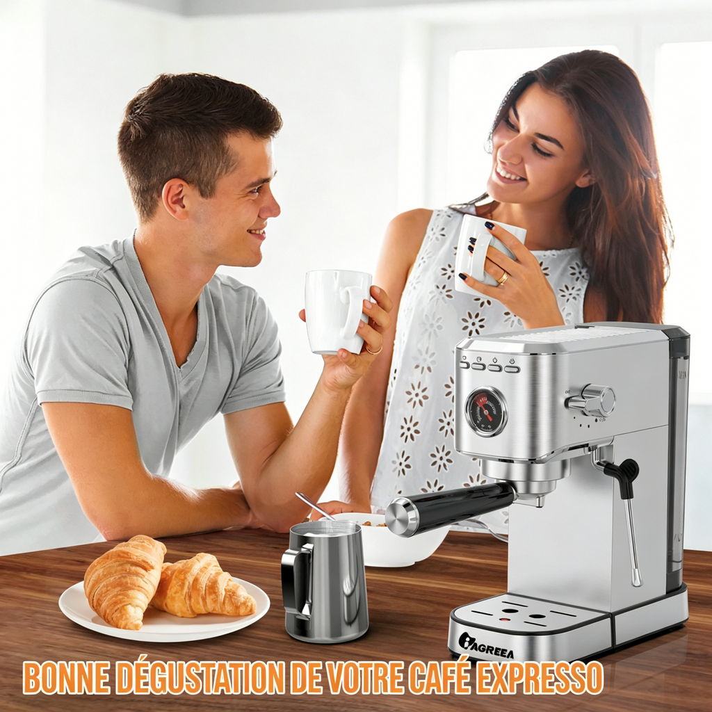 IAGREEA Machine à expresso professionnelle 20 bars avec manomètre, buse vapeur et plateau chauffe-tasses, machine à café à simple/double dose, réservoir d'eau amovible de 1,1 L