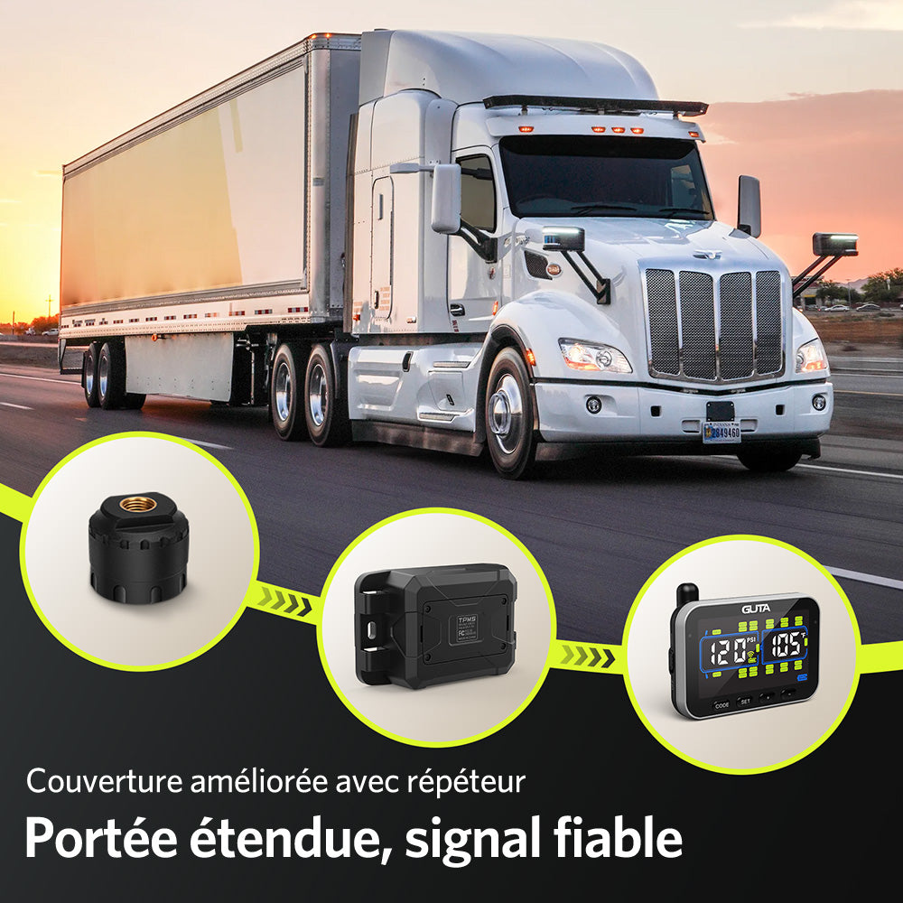 GUTA Système de surveillance de la pression des pneus pour camping-car/remorque avec 6 capteurs, surveillance en temps réel de 0 à 188 PSI, 6 alarmes, écran couleur LCD, répéteur