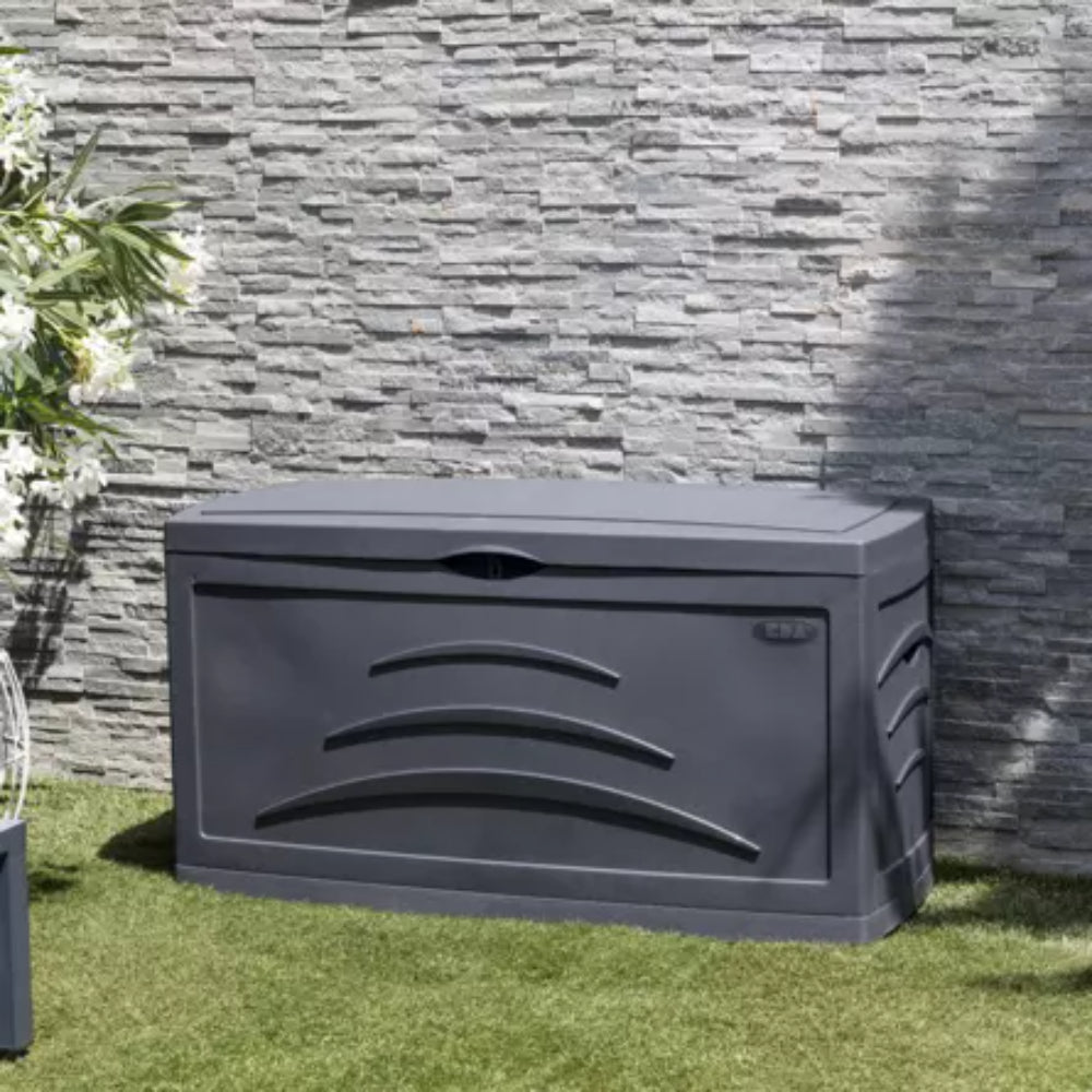 EDA Malle de jardin Gris anthracite SERENA 310 L Cadenassable avec roulettes - anti étouffement - anti UV Produit à monter sans outils Dim.121 x 55 x 66 cm