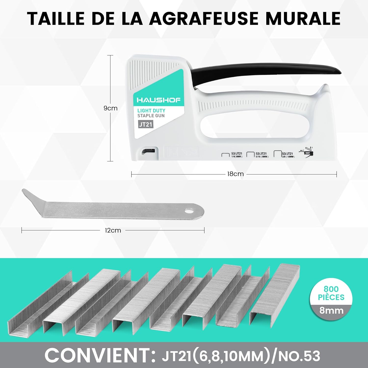 HAUSHOF Pistolet agrafeuse type 53 en plastique ABS avec extracteur d'agrafes et 800 agrafes de 8 mm pour bois, tissu, meubles et tapisserie