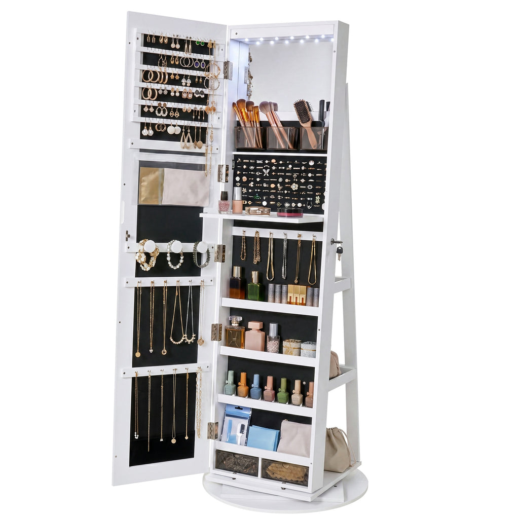 JOYFURNOS HOME Armoire à bijoux avec miroir pivotant à 360° et serrure, organisateur de bijoux, miroir sans cadre pleine longueur, 3 étagères de rangement, surface blanche, doublure noire