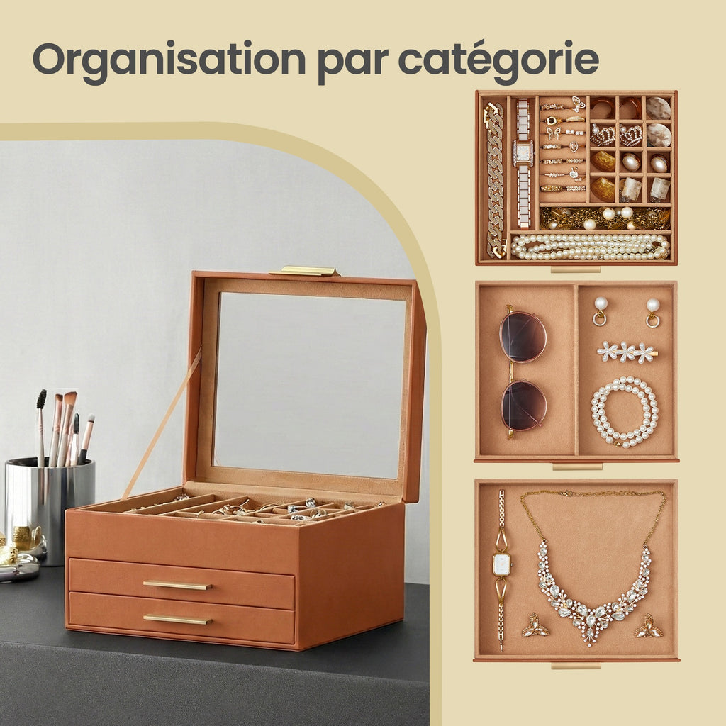 JOYFURNOS Boîte à Bijoux avec Couvercle en Verre, à 3 Niveaux, 2 Tiroirs, Marron et Doré