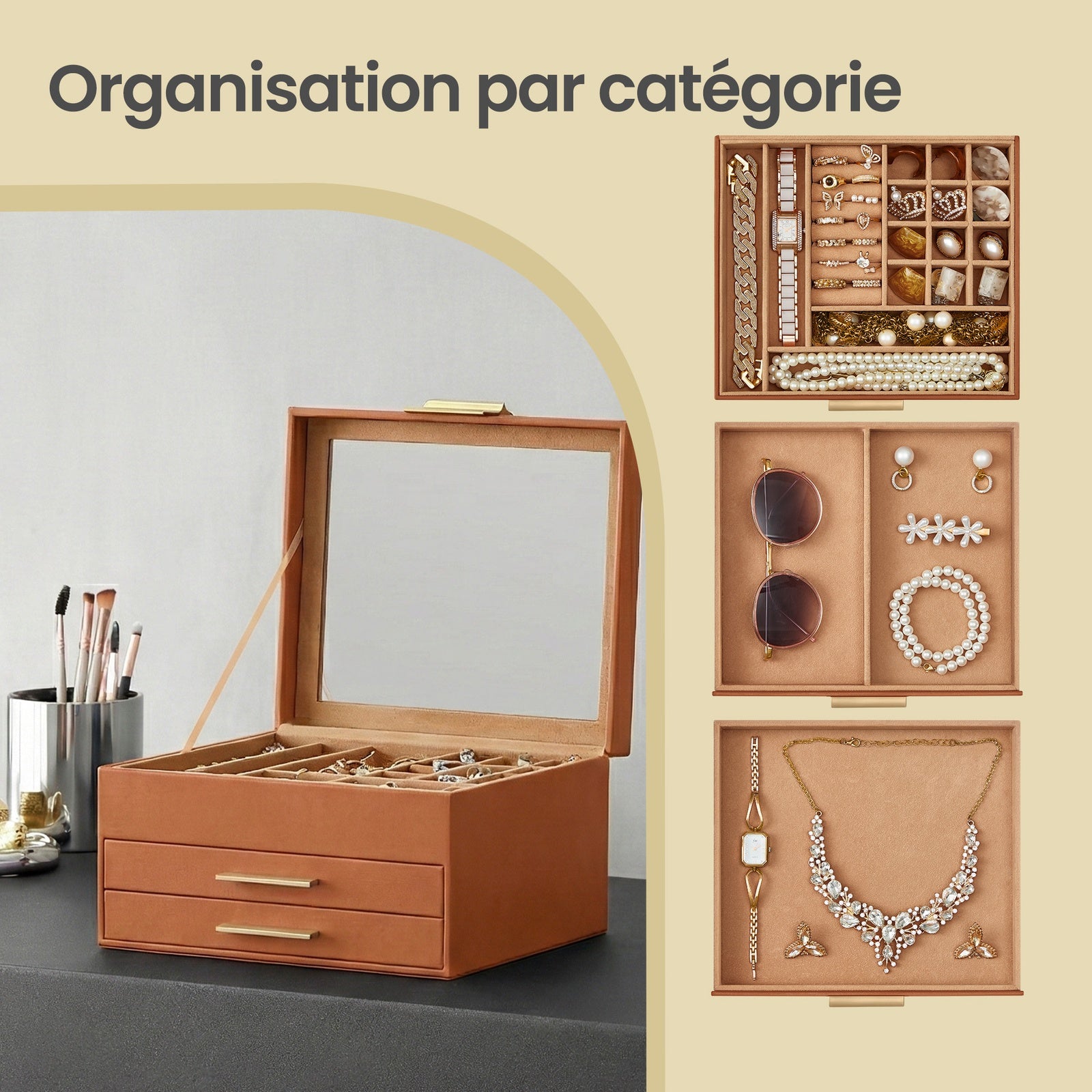 JOYFURNOS Boîte à Bijoux avec Couvercle en Verre, à 3 Niveaux, 2 Tiroirs, Marron et Doré
