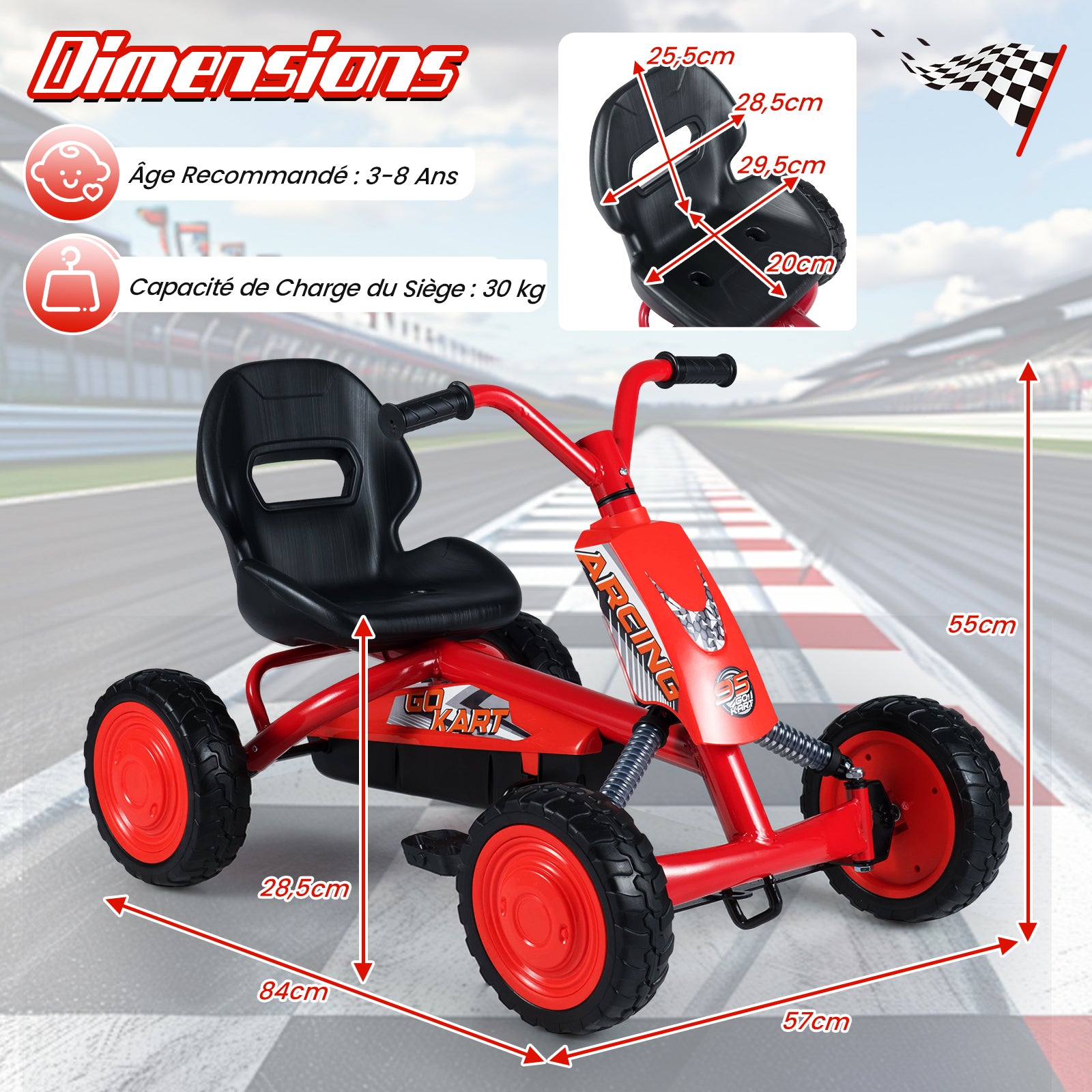 Costway Kart à pédales pour enfants, Siège réglable à 2 positions, 4 roues robustes, Capacité de charge 30 kg, Convient aux 3-8 ans, Rouge