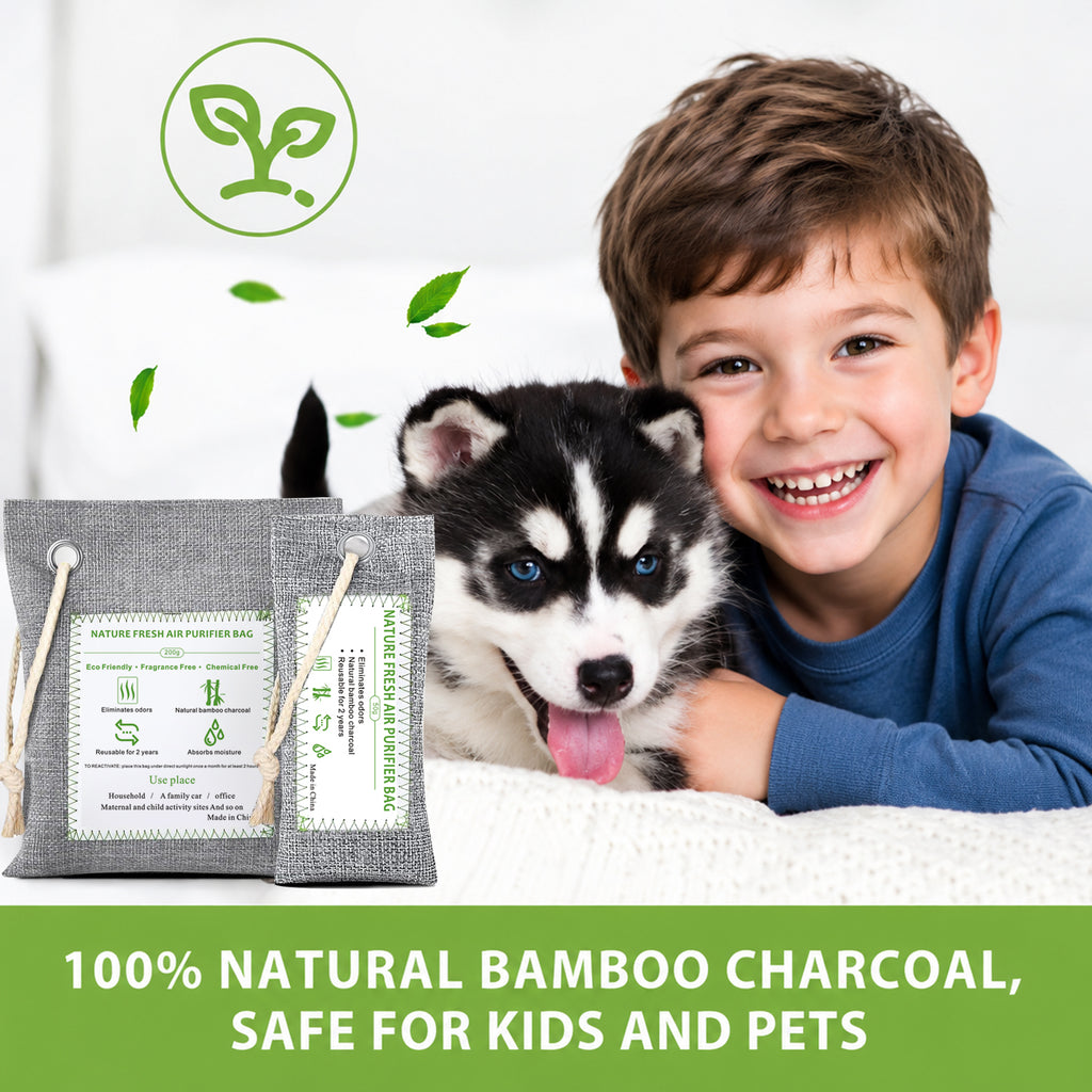 Zooly 6 x 50 g sacs de purification de l'air en bambou, sacs en charbon actif, absorbeur d'odeurs, absorbeur d'humidité, désodorisant d'auto naturel, désodorisant pour chaussures, éliminateurs d'odeurs pour la maison, pour animaux, pour placard