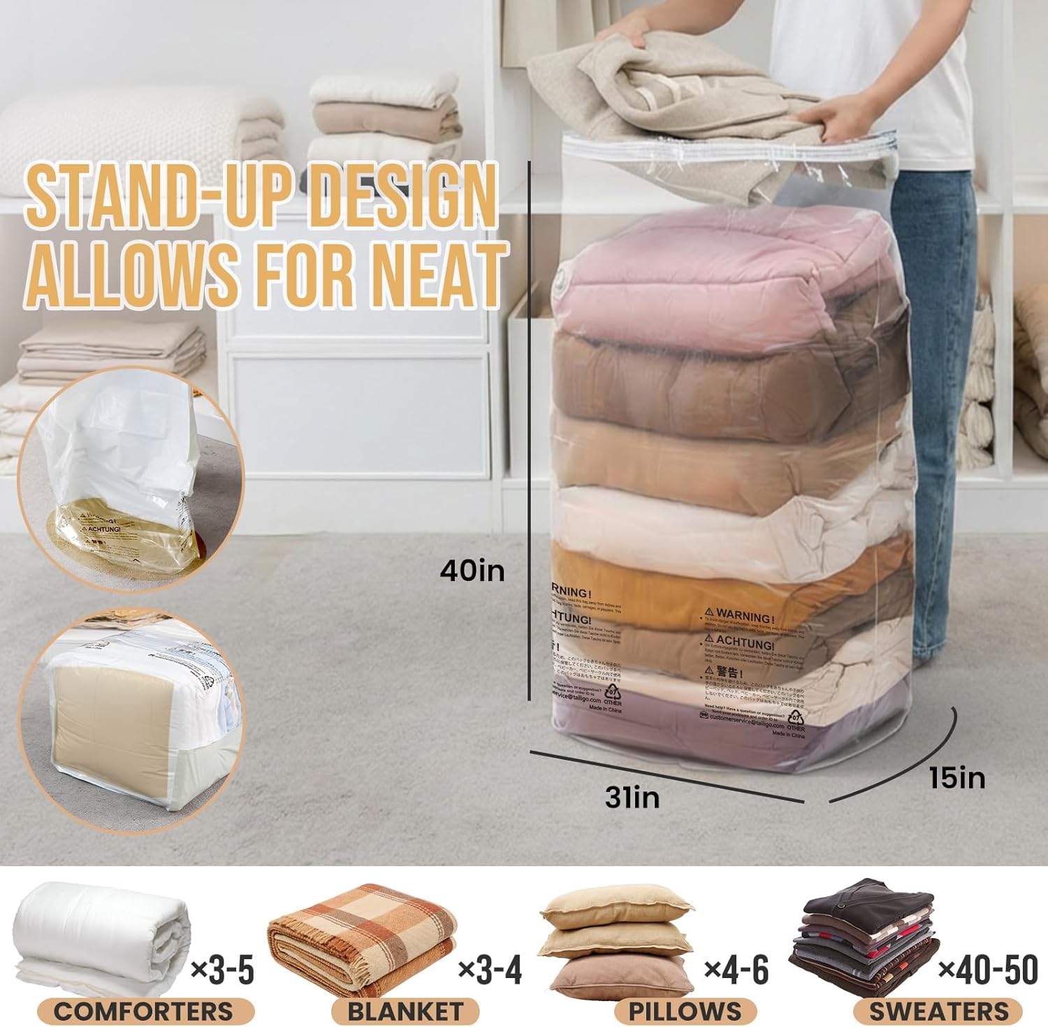 Taili Lot de 6 sacs de rangement sous vide, Cube géant 31 x 40 x 15 po, Sacs sous vide très grands pour couettes, couvertures, literie, vêtements, Organisation de placard gain de place, Transparent