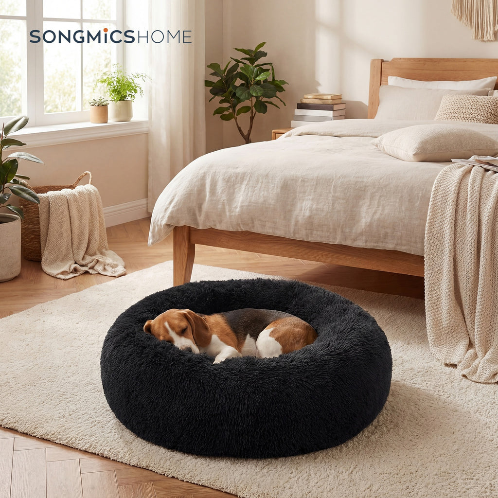 JOYFURNOS Lit pour cage pour chien JOYFURNOS en peluche donut avec housse amovible et lavable, noir, 70 x 20 cm