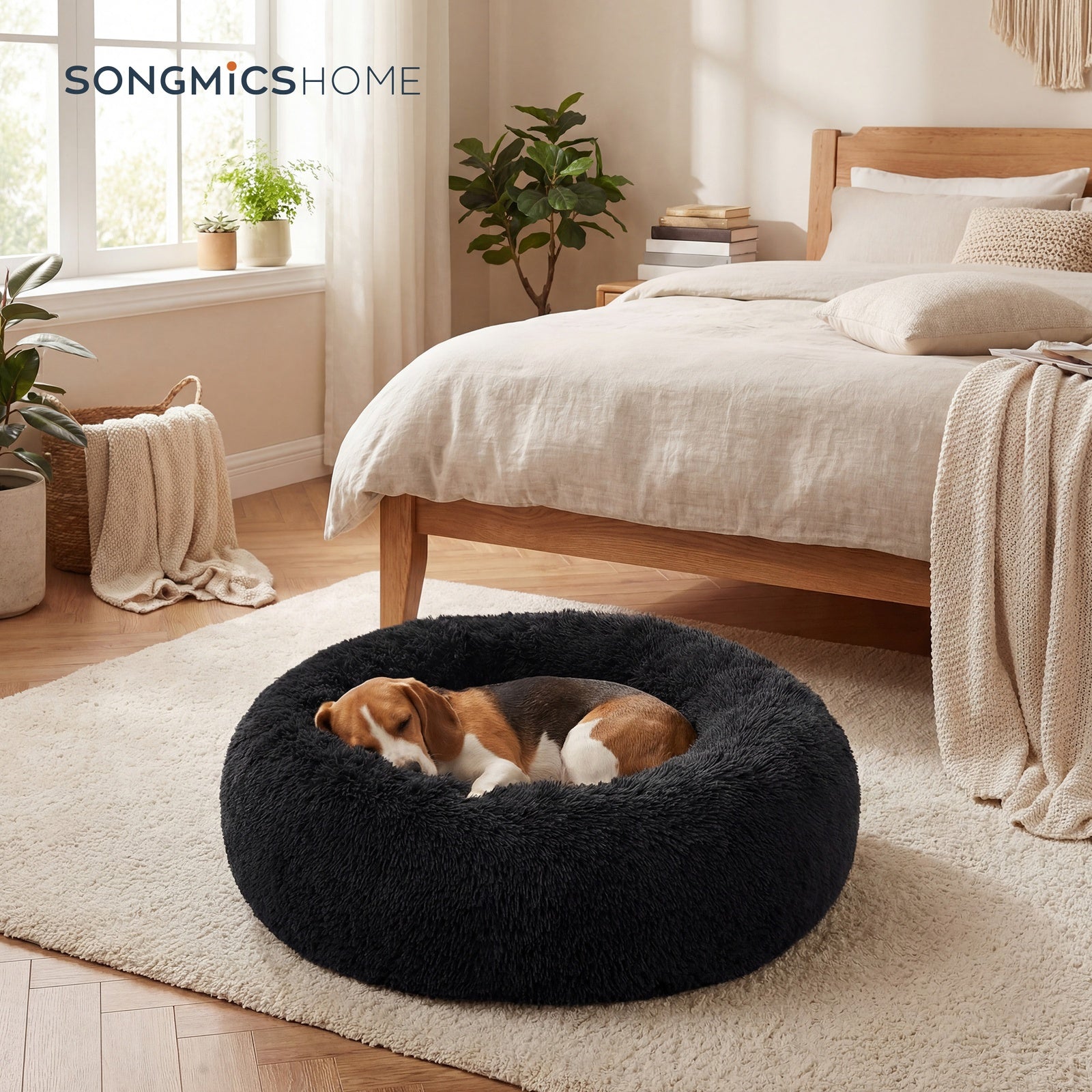 JOYFURNOS Lit pour cage pour chien JOYFURNOS en peluche donut avec housse amovible et lavable, noir, 70 x 20 cm