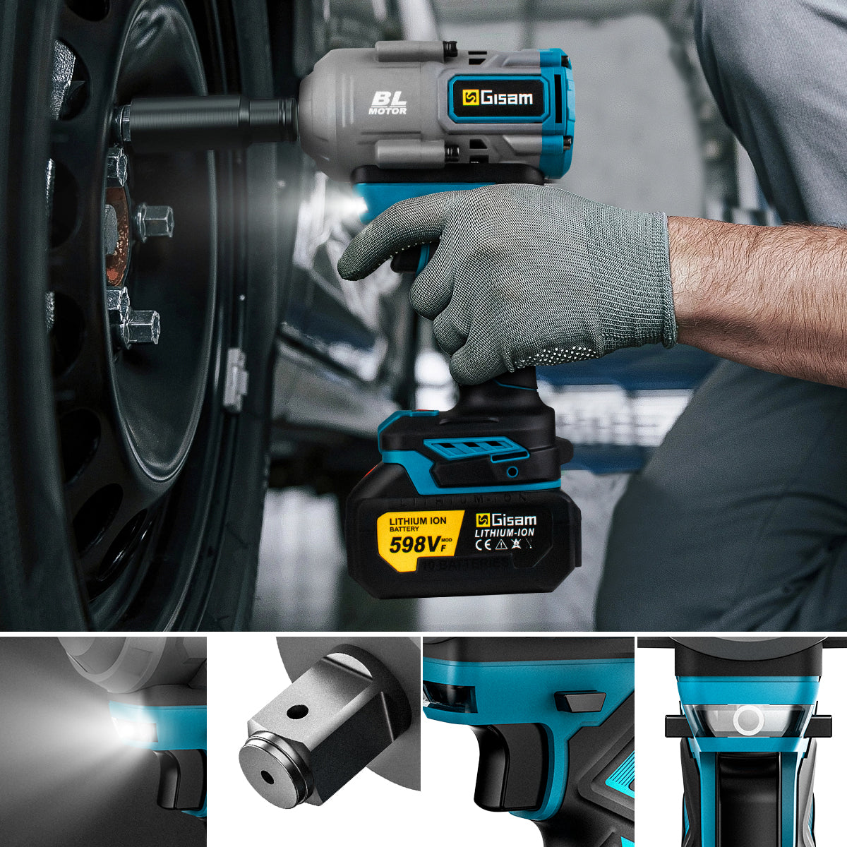 GISAM Clé à chocs électrique brushless sans fil 2000N.m 1/2 pouce, compatible avec batterie Makita 18 V