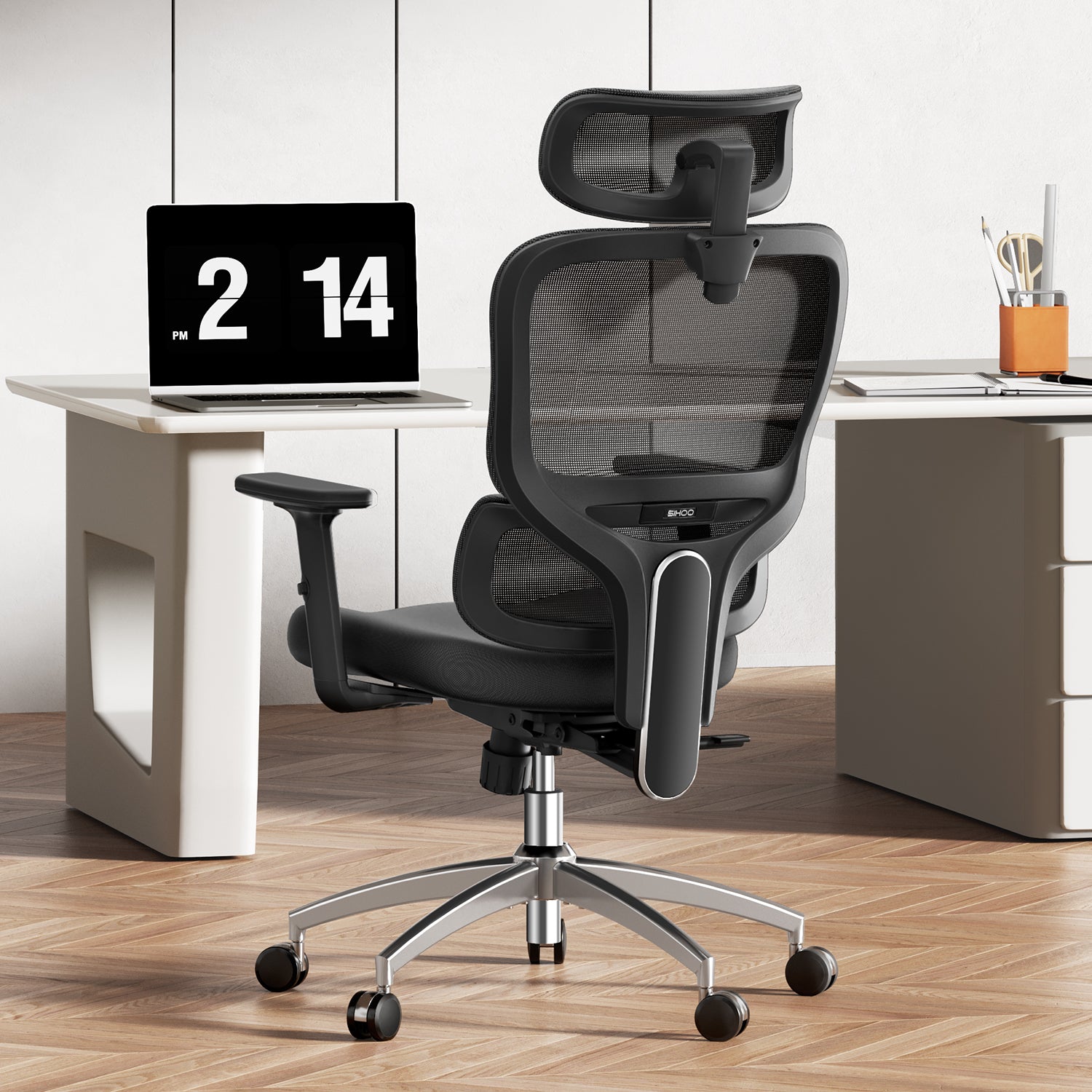 SIHOO Chaise de bureau ergonomique - Chaise de bureau réglable avec soutien lombaire 3D dynamique, dossier en mesh respirant, appuie-tête réglable et accoudoirs en PU pour bureau à domicile - (Noir)