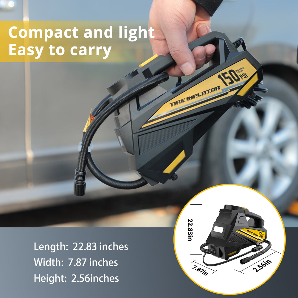Carsun Pompe à air portable filaire pour voiture améliorée, Gonfleur électrique de pneus 12 V 150 PSI, Compresseur d’air pour voiture moto vélo ballon