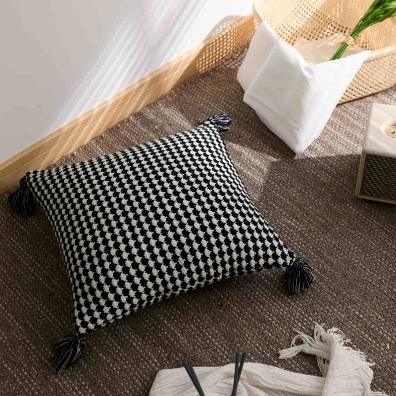 MEROPE, Housse de coussin en acrylique tricoté/gaufré, 50x50 cm, noir/blanc, 1 pack