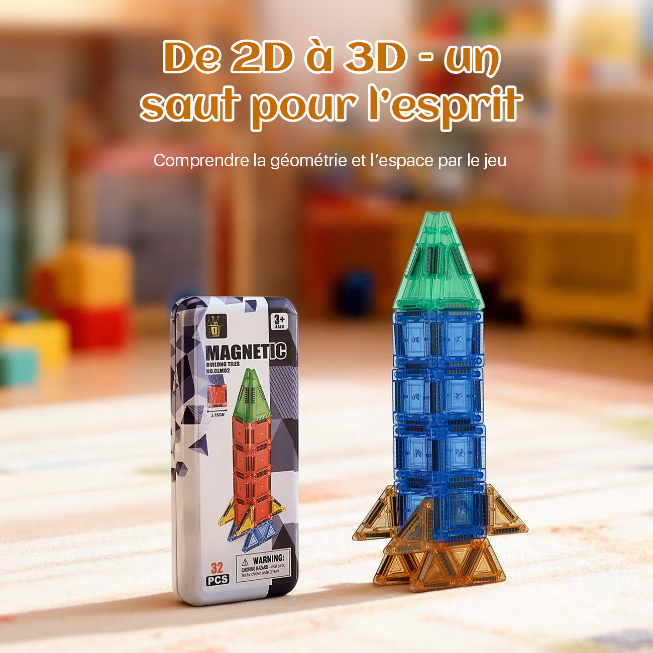 Tokky Jeu de Tuiles Magnétiques de 32 Pièces Boîte en Fer-Blanc Portable Jouet de Construction Éducatif d'Introduction Aspiration Magnétique Forte Matériau ABS Sûr Voyage Portable CLM02