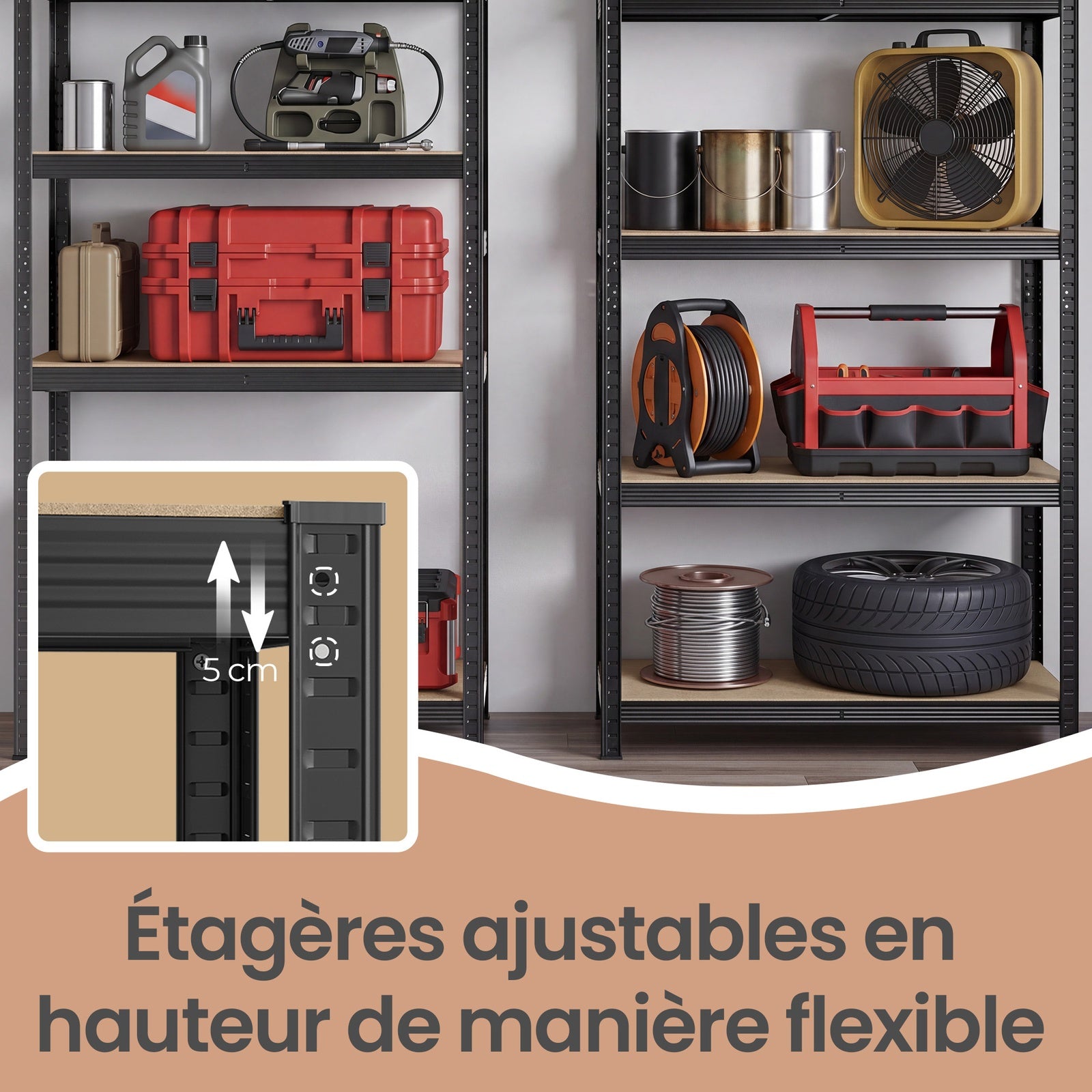 JOYFURNOS Étagère à 5 niveaux, Étagère en acier pour rangement, Montage sans outils, Pour garage, abri, Capacité de charge 600 kg, 50 x 100 x 200 cm, Noir