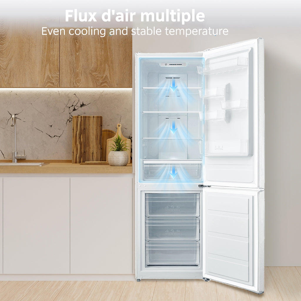 Combiné réfrigérateur/congélateur Comfee by Midea 188 cm classe E NoFrost, éclairage LED, 224 L réfrigération + 86 L congélation, fonction Super Réfrigération RCB310WH2EU(E)