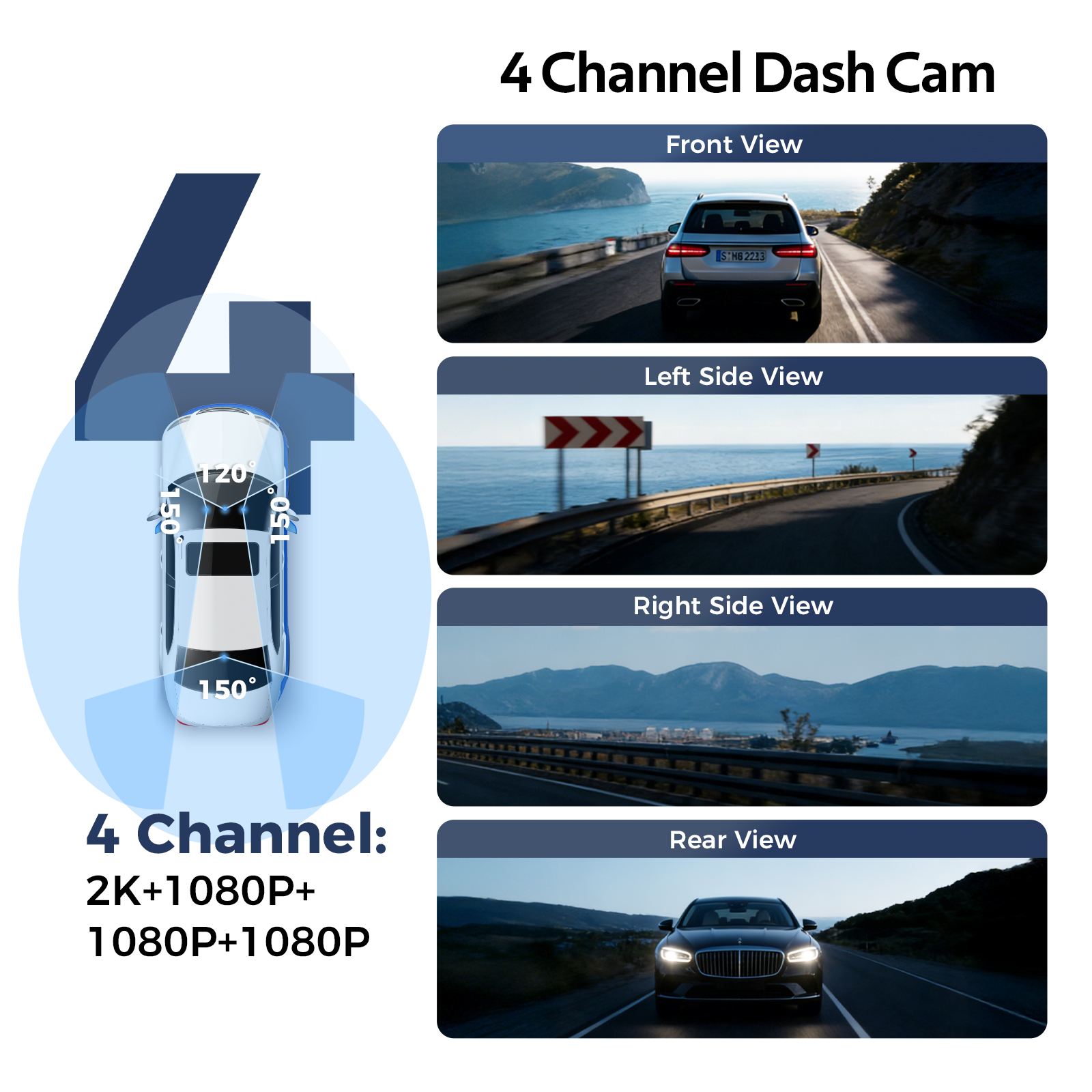 AZDOME M350 Dashcam 4 canaux vue complète 360° fonctionne avec Apple Localiser ma Dashcam avant 2,5K, 1080P caméra arrière gauche et droite pour voitures