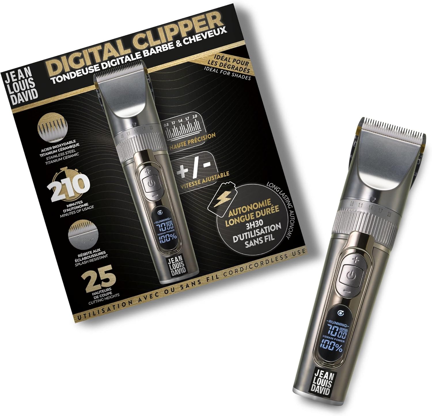 Jean Louis David Digital Clipper – Tondeuse Cheveux & Barbe Sans Fil, 25 Hauteurs de Coupe, Écran Digital