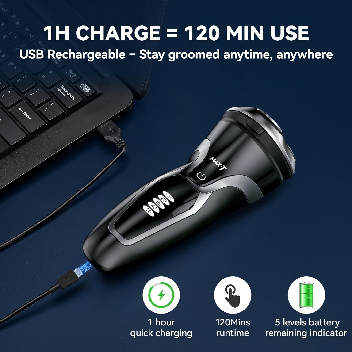 Rasoir électrique MAX-T pour hommes – Rasoir électrique pour rasage à sec et sous l'eau – Charge rapide en 1 h et autonomie de 120 min – Protection de la peau – Étanchéité IPX7