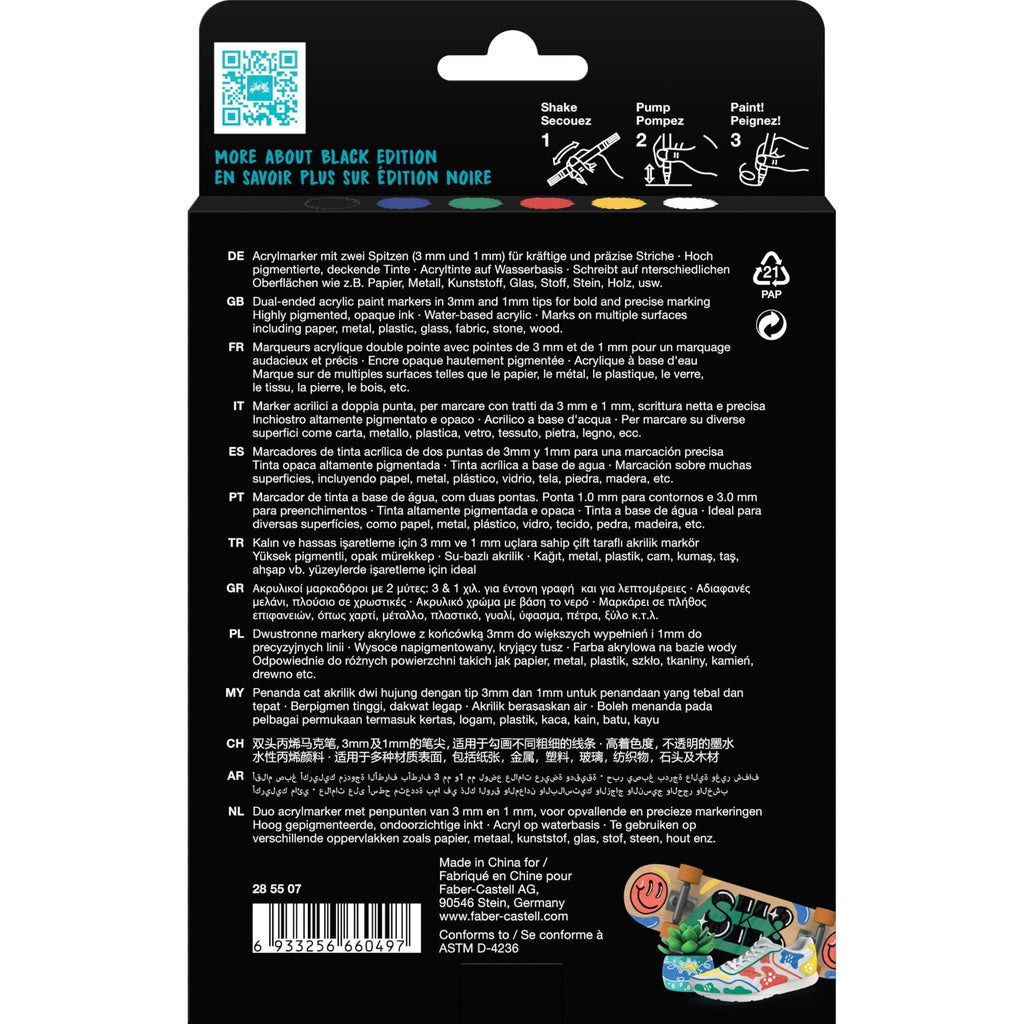 Faber-Castell Black Edition Shake & Paint Marqueur acrylique, 6 couleurs standard