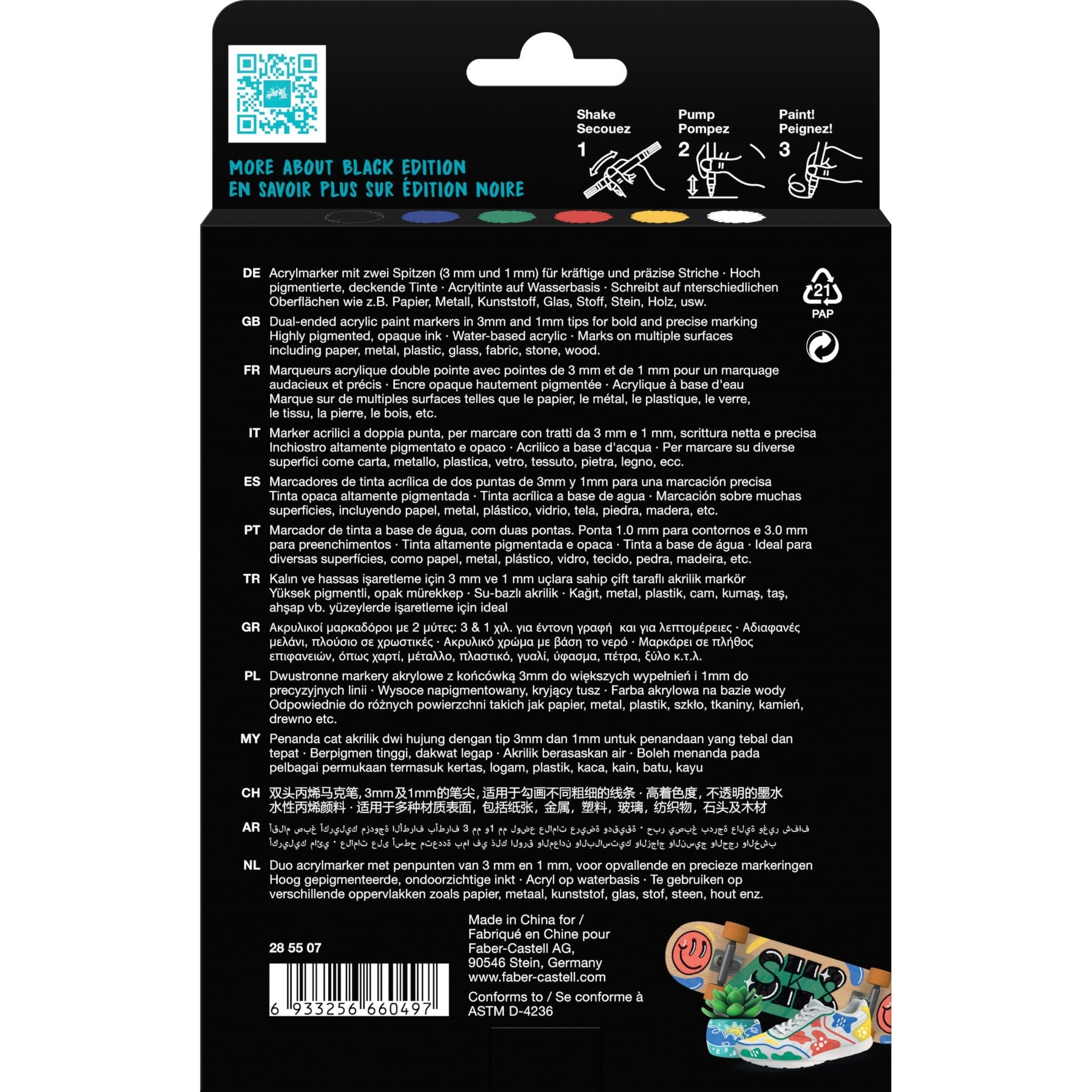 Faber-Castell Black Edition Shake & Paint Marqueur acrylique, 6 couleurs standard