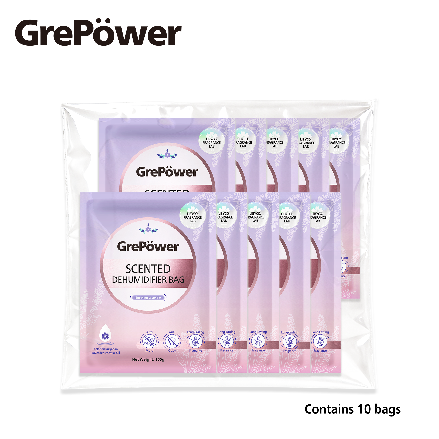 GrePower Sachets déshumidifiants à suspendre, Parfum lavande, Lot de 10, Efficaces contre l’humidité et la moisissure, Pour armoire/maison/cuisine/garage/chambre/camping-car/bureau/sous-sol