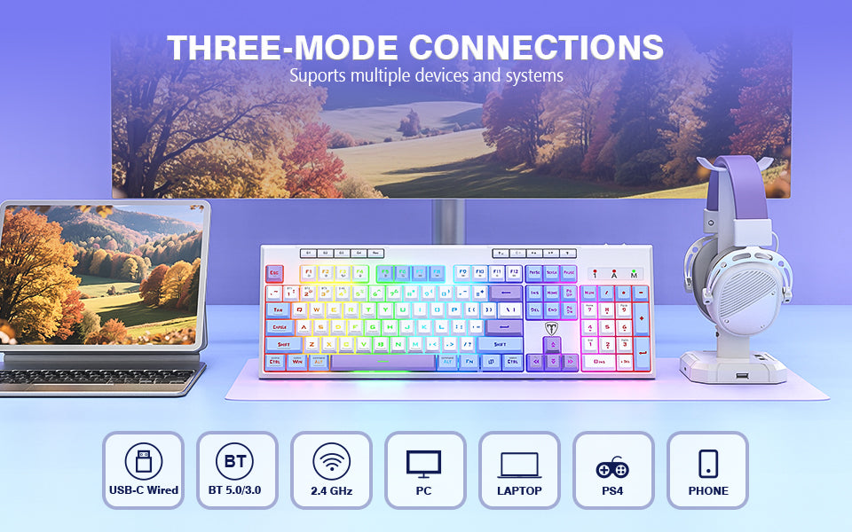 ET clavier de jeu 100 % à trois modes, disposition QWERTY américaine, rétroéclairage RVB, macros personnalisables, anti-effet fantôme 26 touches, 4000 mAh, crémeux
