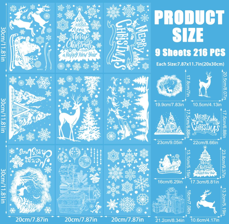 JU7CER Lot de 9 autocollants de fenêtre de Noël réutilisables et autocollants, motif flocons de neige blancs, autocollants de fenêtre en PVC double face