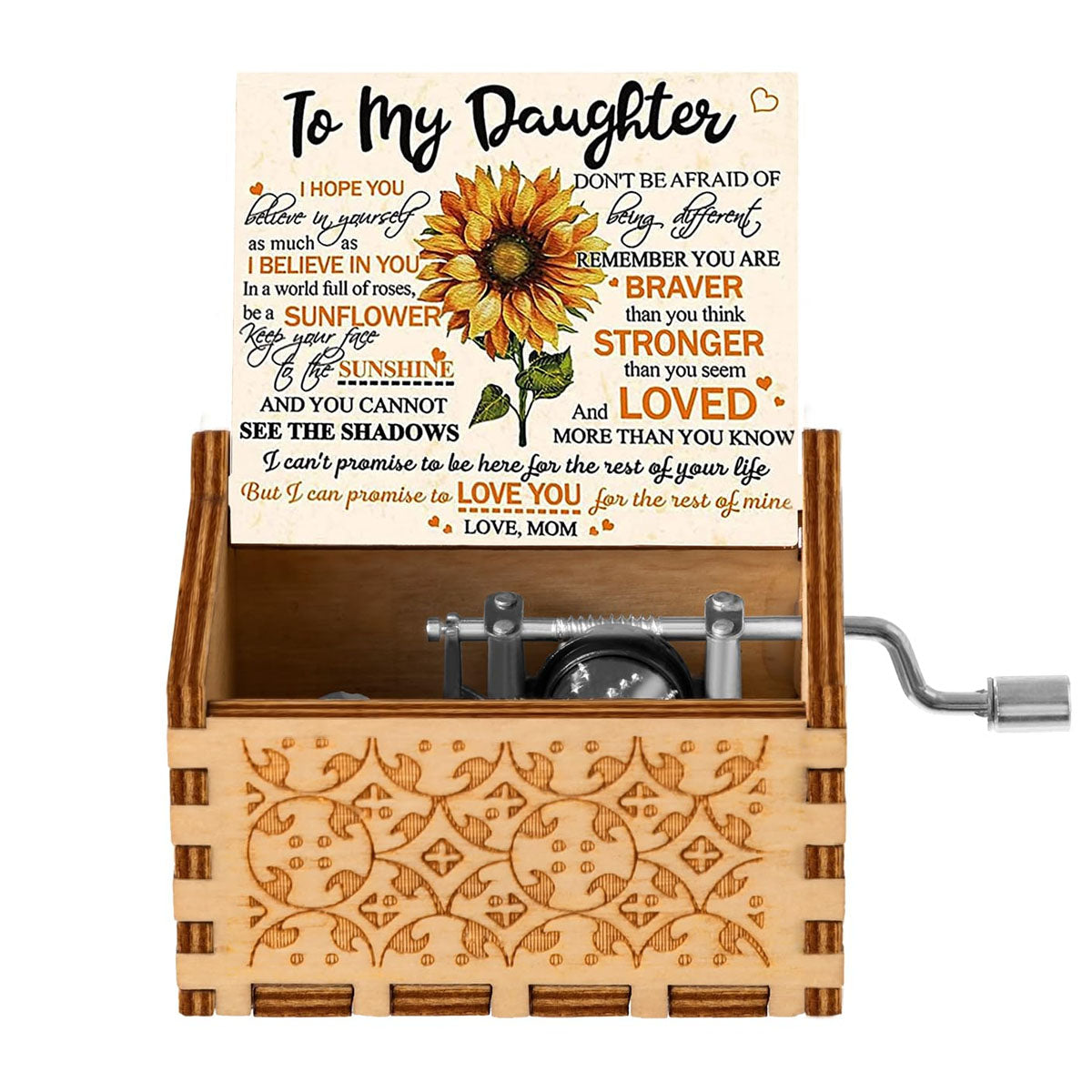 Alphynix 1 pièce Boîte à musique d'encouragement pour fille, Citation « Sois un tournesol » et messages motivants, Cadeau en bois à manivelle de la part de sa mère