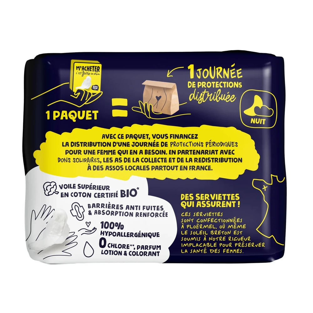 RAMDAM Serviettes Hygiéniques de Nuit avec Ailettes Flux Abondant Coton 100 % Biologique - 20 Unités (2 Paquets de 10)