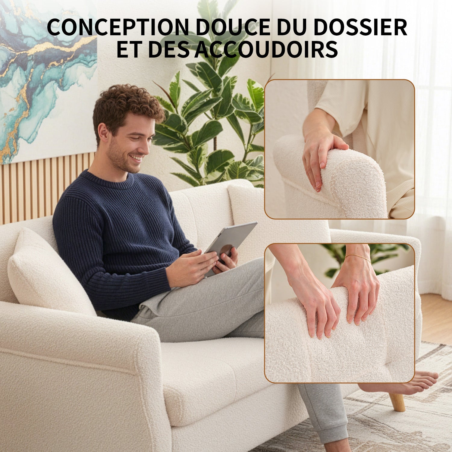 HONEYOU 164 cm Canapé de Salon Moderne Mid-Century, Petit Canapé Rembourré à Boutons Tuftés pour Salon & Chambre, Peluche à Poils Courts, Beige