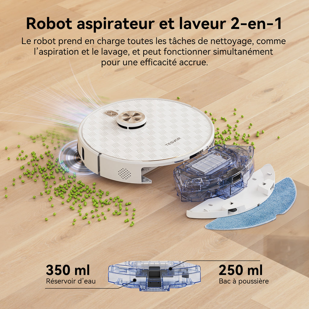 Aspirateur robot Tesvor S8Pro avec fonction de nettoyage - Robot aspirateur 8000 Pa 3-en-1 aspirateur robot + navigation LiDAR + 240 min d'autonomie, contrôle par application/Alexa
