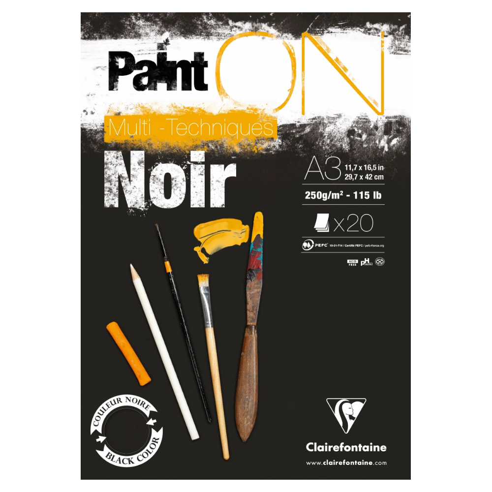 CLAIREFONTAINE Bloc Paint'ON Noir collé en tête 20 feuilles 250g A3