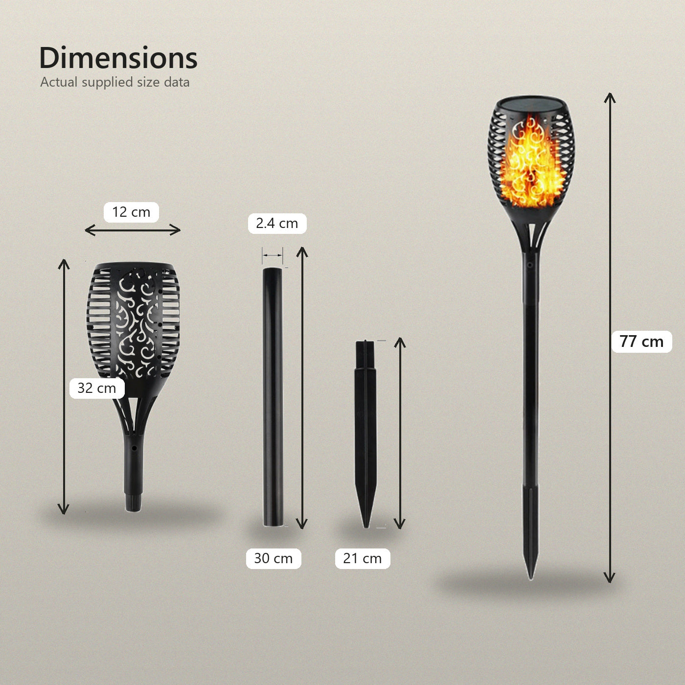 Arlgsite Lot de 2 torches solaires de jardin 96 LED, luminaires de torches avec effet flammes dansantes, IP65 résistants à la poussière et aux projections d’eau