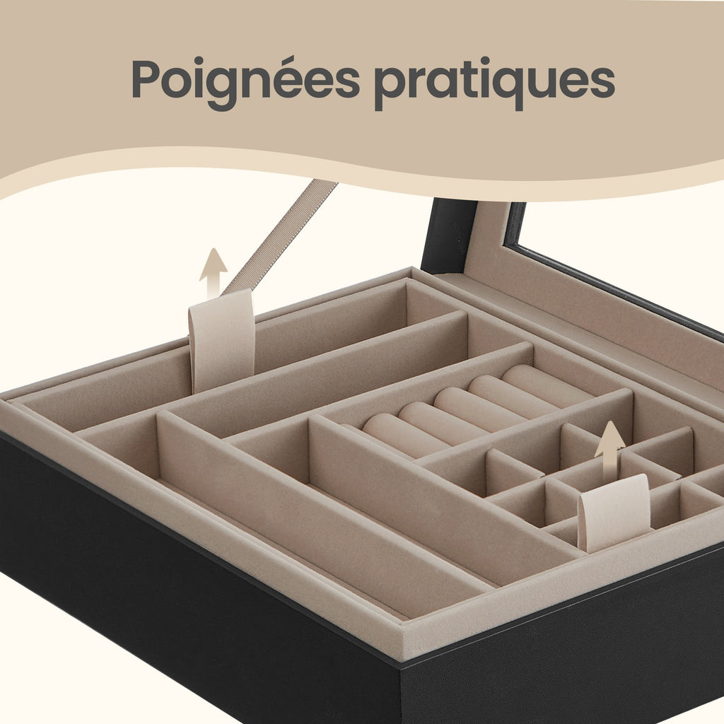 JOYFURNOS Boîte à Bijoux avec Couvercle en Verre, Organiseur à Bijoux 2 Niveaux avec Plateau Amovible, Rangement pour Bijoux, Style Moderne, Cadeau pour Vos Proches, Noir Graphite et Or Métallique