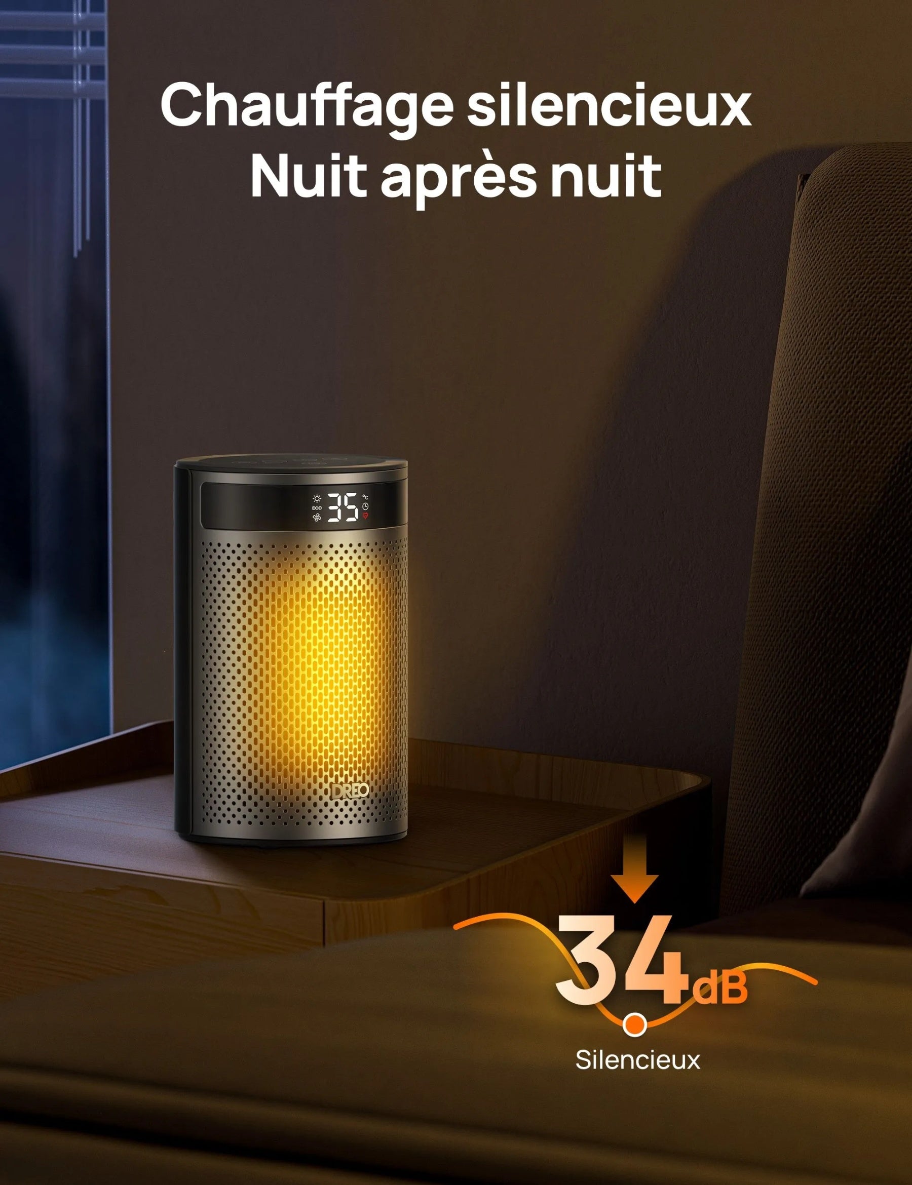 DREO Chauffage d'appoint PTC céramique écoénergétique - 1500 W, 34 dB silencieux, minuterie 12 h, 8 protections de sécurité, télécommande, Atom 416.