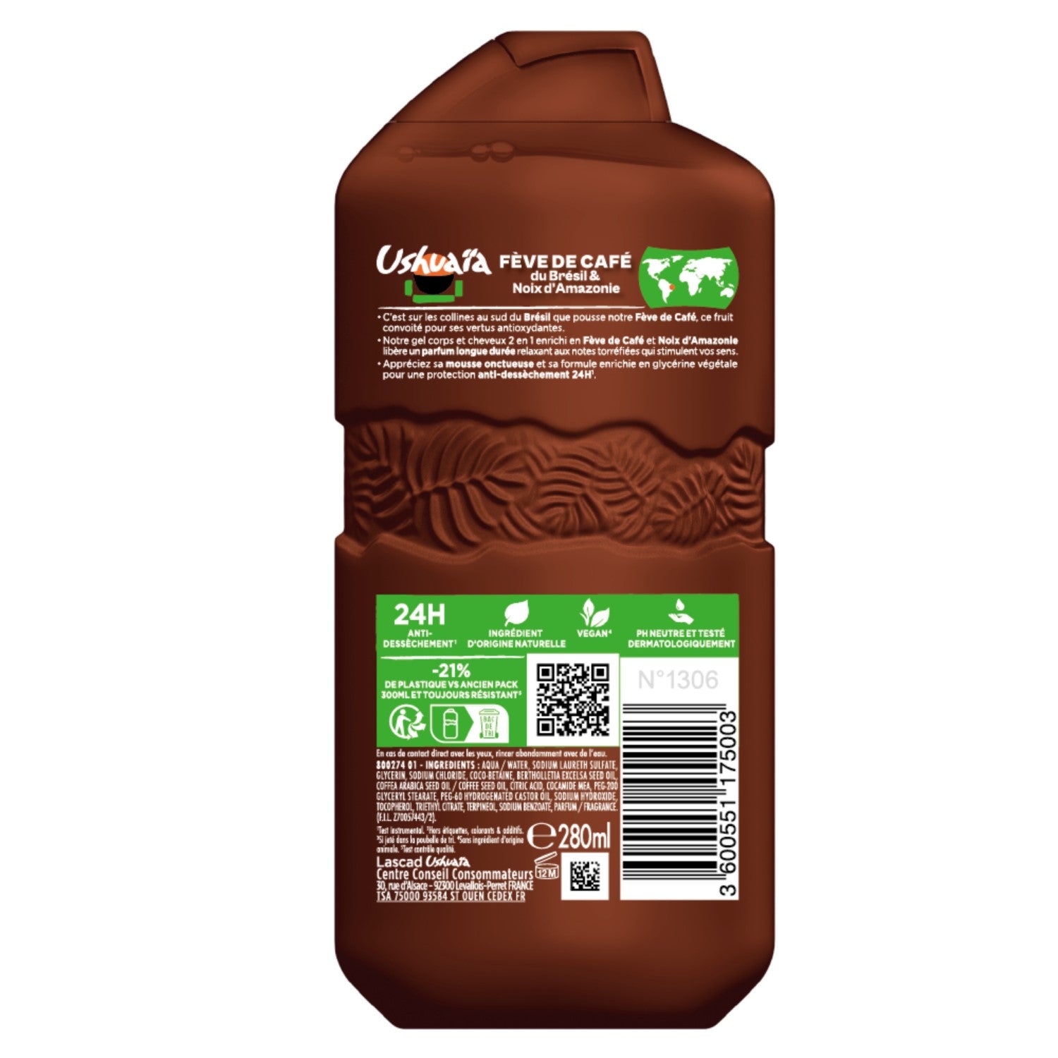 Ushuaïa Shampooing & Gel Douche Relaxant au Caféier du Brésil & Noix d'Amazonie 280 ml