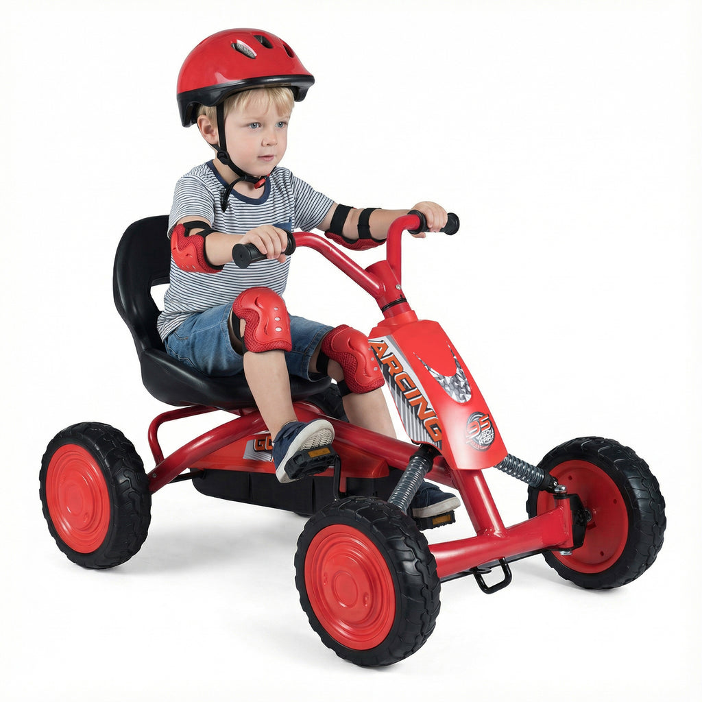 Costway Kart à pédales pour enfants, Siège réglable à 2 positions, 4 roues robustes, Capacité de charge 30 kg, Convient aux 3-8 ans, Rouge