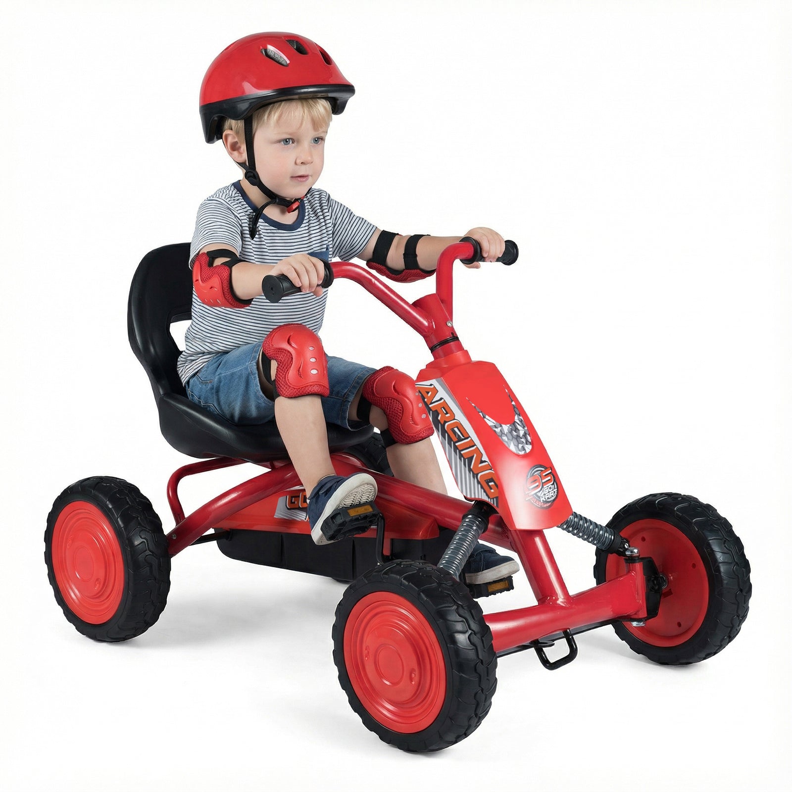 Costway Kart à pédales pour enfants, Siège réglable à 2 positions, 4 roues robustes, Capacité de charge 30 kg, Convient aux 3-8 ans, Rouge