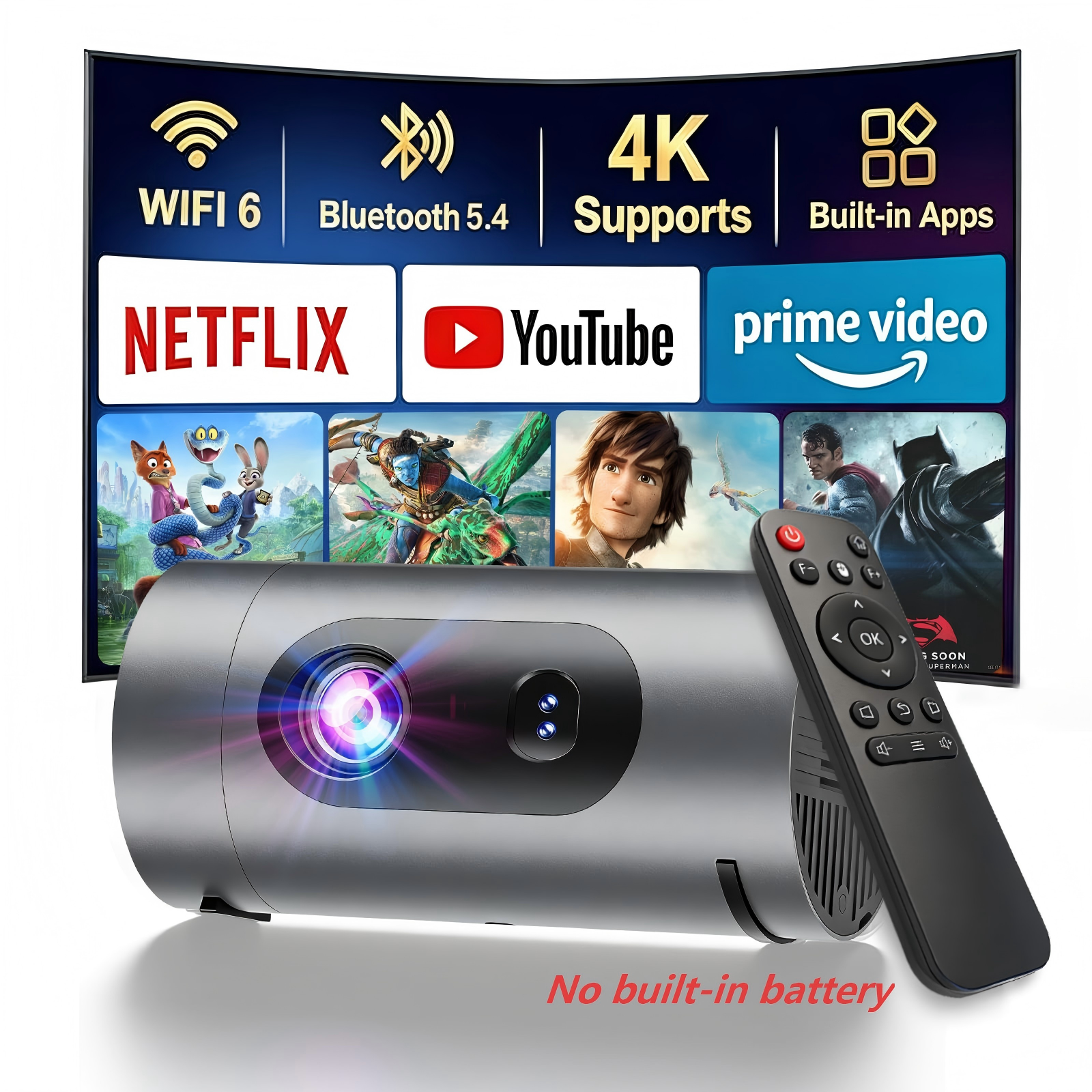 XBJ Mini projecteur d’extérieur portable ultraléger intelligent 1080P | Décodage 4K, fonctionne avec batterie externe (vendue séparément), 8000 lumens, son Dolby Digital 8 W