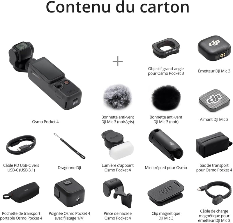 DJI Osmo Pocket 4 Combo Créateur, caméra de vlog avec stabilisateur Pocket Gimbal, capteur CMOS 1 pouce et 4K/240 ips, stabilisation 3 axes, zoom 2x sans perte