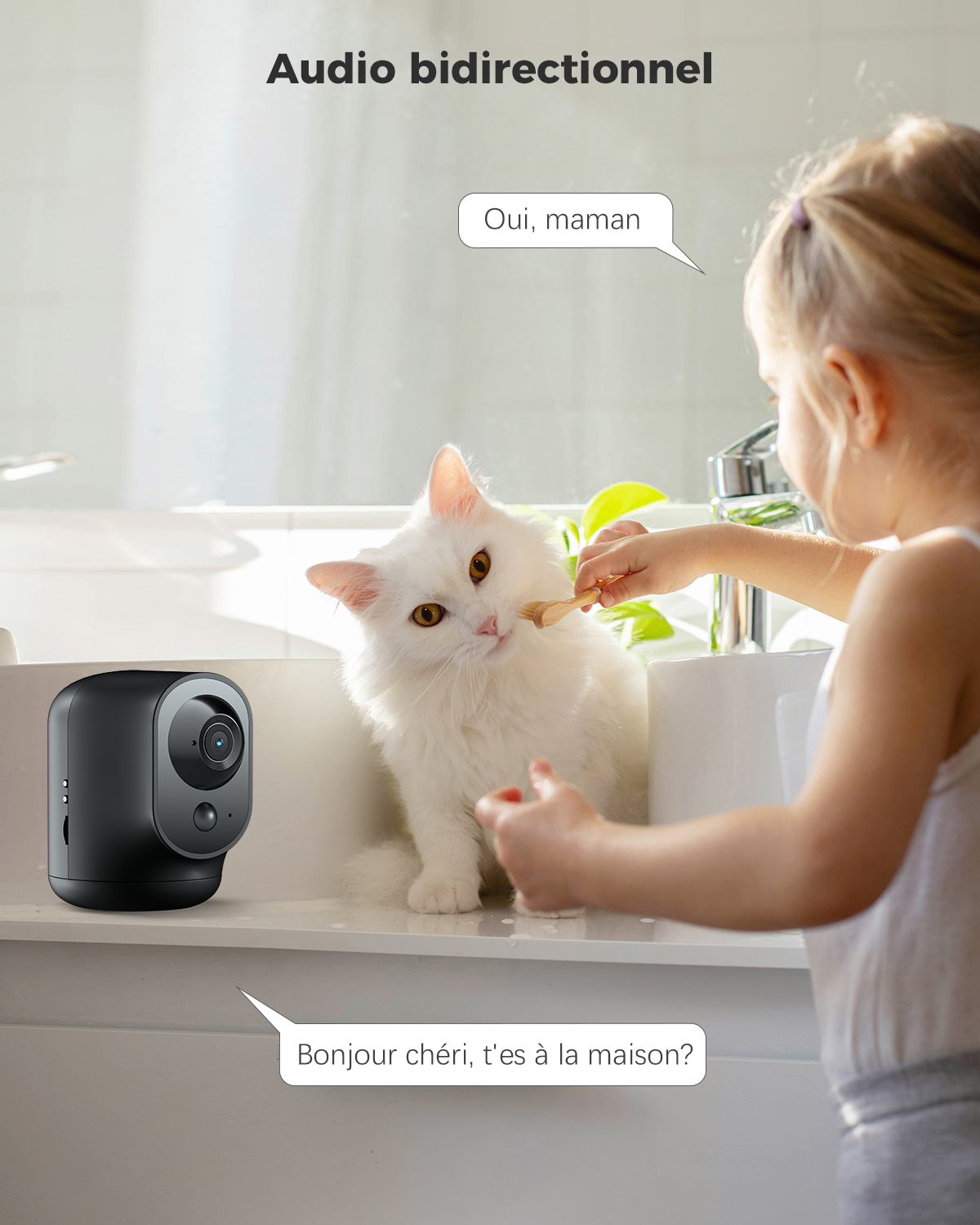 COCOCAM Caméra de sécurité intérieure 2K pivotante/inclinable, batterie 5200 mAh, WiFi sans fil, détection IA et PIR, 2,4 GHz, Noir