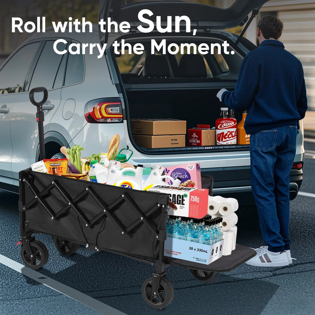 SUNULA Chariot pliable Capacité 130 L Charge maximale 150 kg, Hayon extensible, Roues tout-terrain avec freins, Idéal shopping, jardinage, sport, camping, activités extérieures