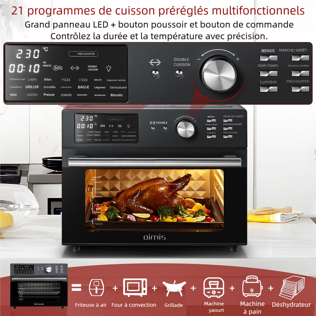 OIMIS Four friteuse à air chaud et grille-pain, 30 L, extra large, avec rôtissoire et déshydrateur, 21 programmes, compatible pizza 33 cm, 1800 W, gris