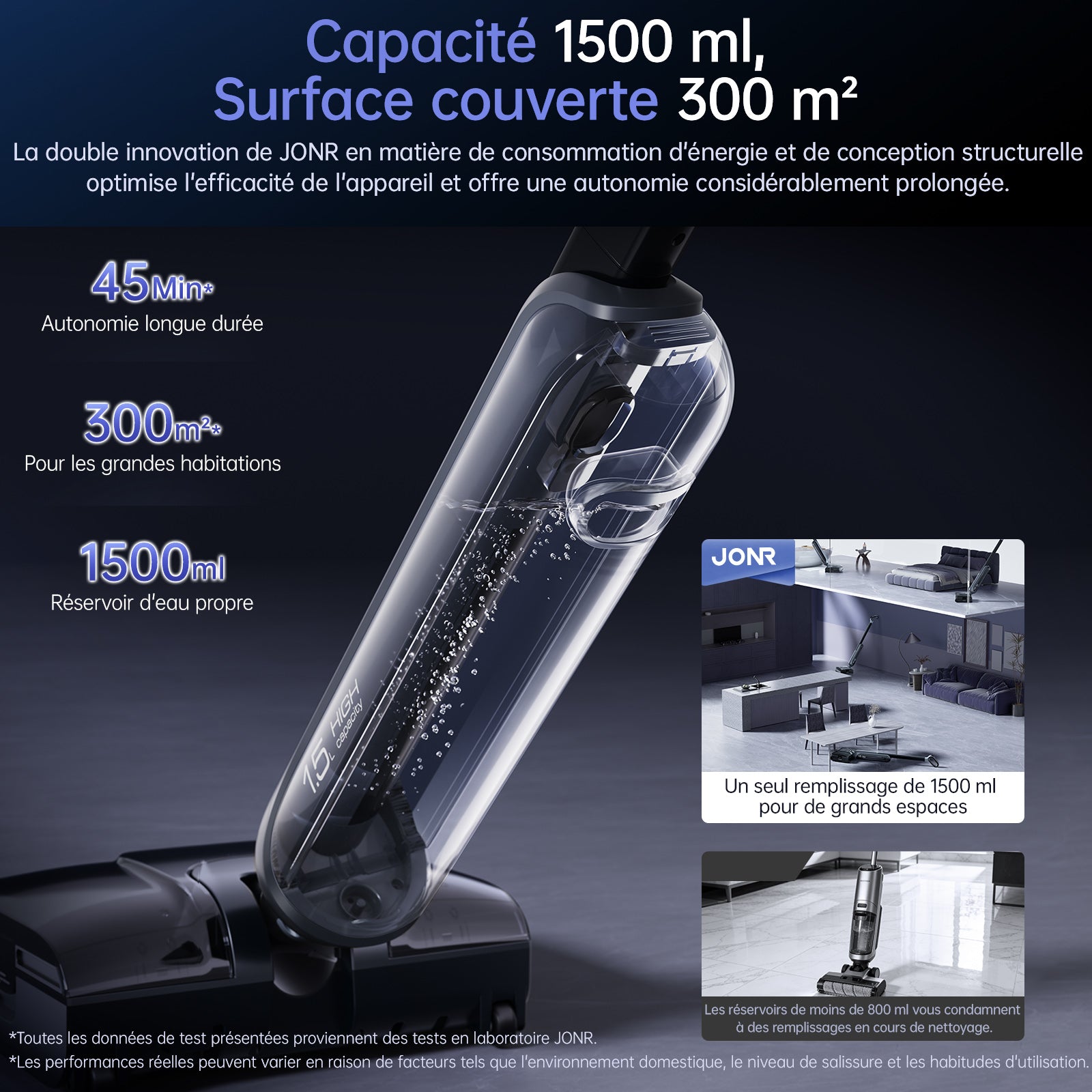 JONR H2 aspirateur laveur 20 000 Pa, nettoyage des sols sans fil, position allongée à plat à 180°, conçu pour une combinaison d’aspirateur et de serpillière pour sols durs