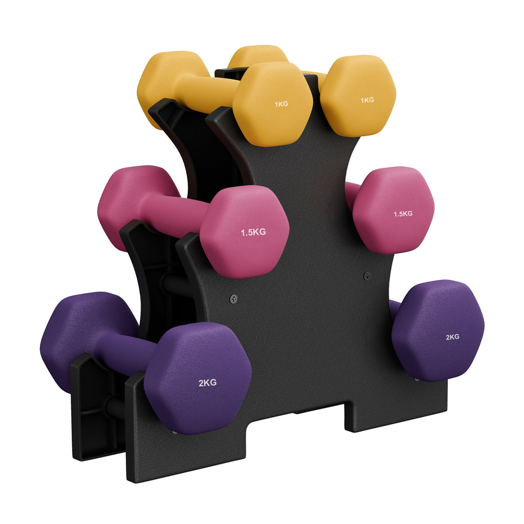 JOYFURNOSSet d’haltères hexagonaux avec support – 3 paires (1 kg, 1,5 kg, 2 kg), finition mate en néoprène, poids à main pour l’exercice à domicile – Jaune, Rose et Violet